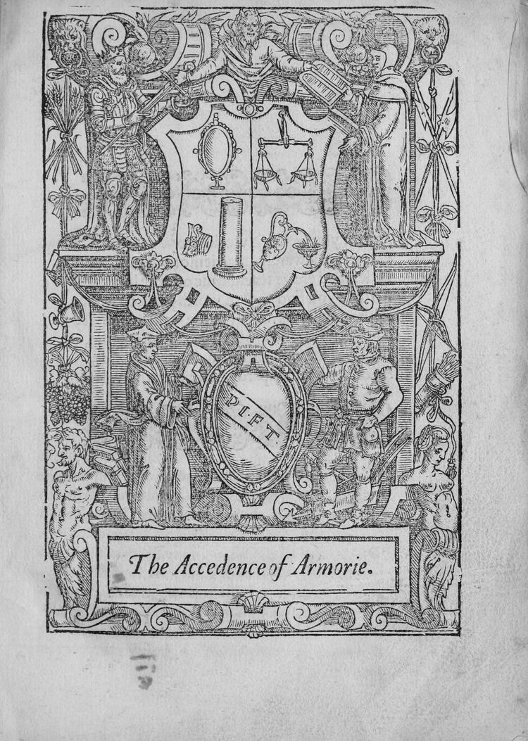 The title page of the Accedence of Armorie, set within an allegorical border of the four cardinal virtues.