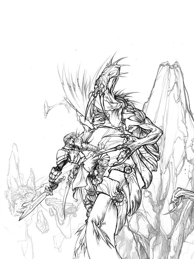 The black-and-white lineart by Aaron Nakahara for Eiridia's cover, depicting a hero with a magic sword fighting a four-armed monster