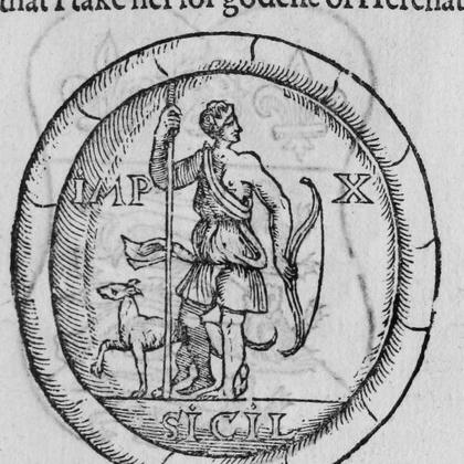An oval shield bearing a figure with a spear and a bow, a dog, inscribed IMP X SICIL.