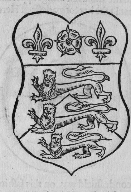A shield bearing in chief a rose between two fleurs-de-lis, and in base three lions passant guardant.