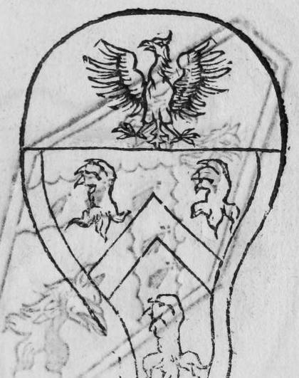 A shield bearing an eagle displayed, and beneath a chevron between three heads.