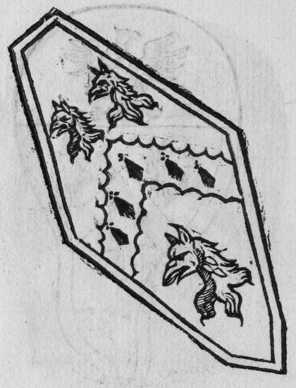 A shield set bendwise, charged with a ragged staff and darts.