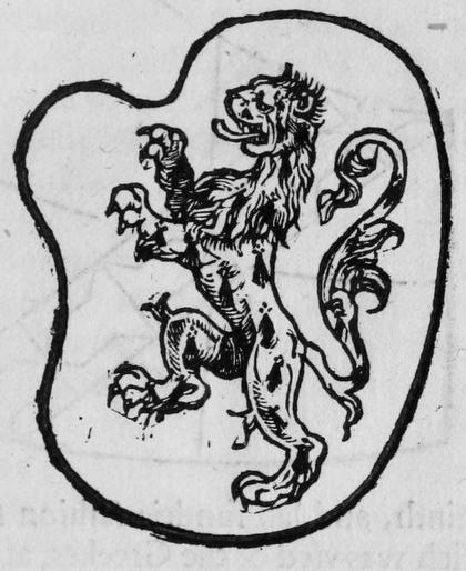 A shield within a wavy border, charged with a lion rampant.