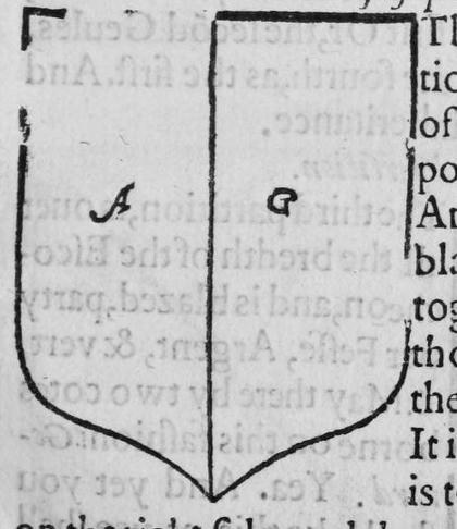 A shield parted per pale, marked A and G.