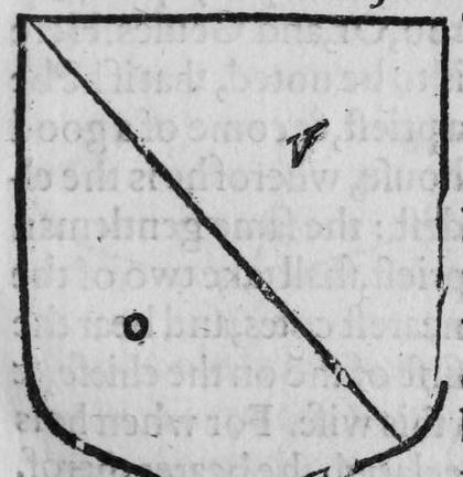 A shield parted per bend, marked V and O.