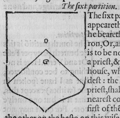 A shield parted per chevron, marked O and G.