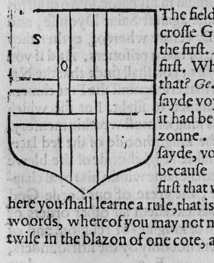 A shield bearing a cross voided, marked S, O.