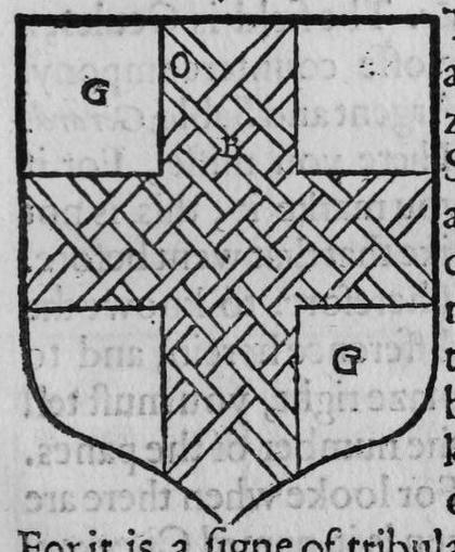 A shield bearing a cross fretty, marked G, O, B, G.