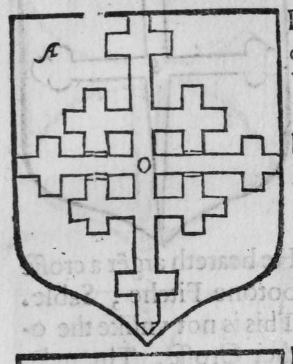 A shield bearing a cross crosslet crossed (the Jerusalem cross), marked A, O.