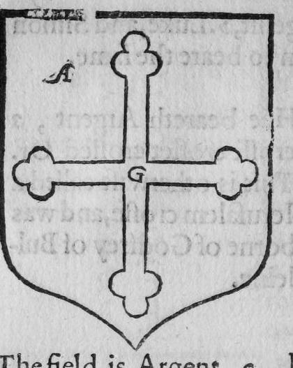 A shield bearing a cross botonee, marked A, G.