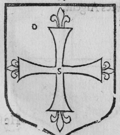 A shield bearing a cross formy flurt, marked O, S.