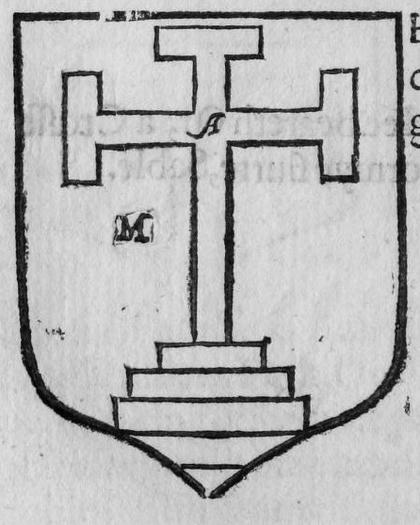A shield bearing a cross batune, marked A, M.
