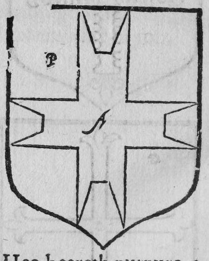 A shield bearing a cross double pattee, marked P, A.