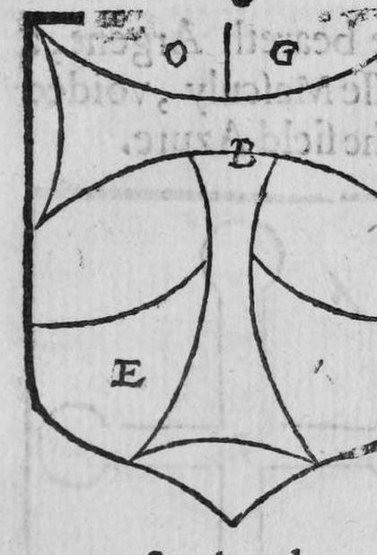 A shield parted per pale and per bend, bearing a cross tau, marked O, G, B, E.