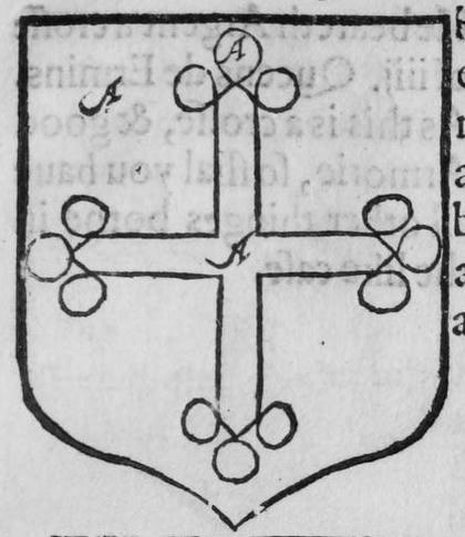 A shield bearing a cross of thirteen bezants, marked O, V.