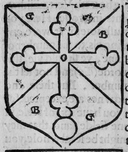A shield per saltire, on a bezant a cross botonee, marked G, B, B, G.