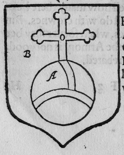 A shield Azure, a mound Argent, over all a cross botonee Or, marked B, A.