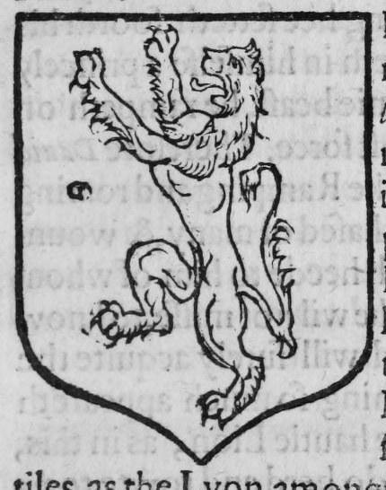 A woodcut of a shield bearing a lion rampant.