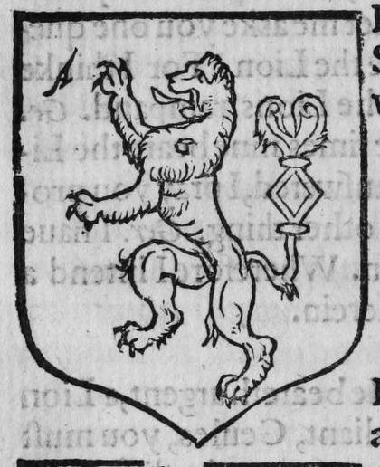 A shield Argent, a lion salient with forked tail nowed, marked A.