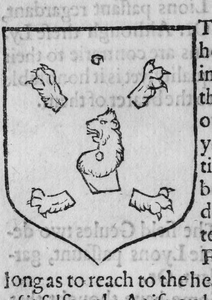 A shield Gules, a lion's head couped with four paws in saltire, marked G.