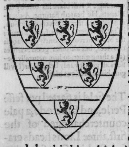 A shield barry of ten, charged with six escutcheons each a lion rampant.