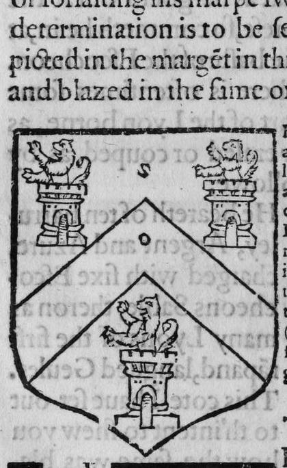 A shield per chevron, three towers, each charged with a lion, marked S, O.