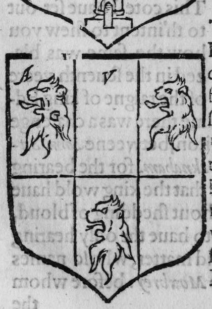 A shield parted per fesse perle and emerode, a pale counterchanged, three lions' heads erased, marked A, V.