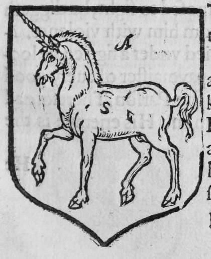 A shield Argent, a unicorn tripping, marked A, S.