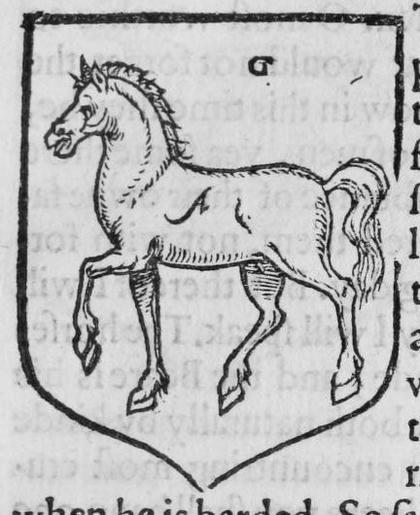A shield Gules, a horse passant, marked G.