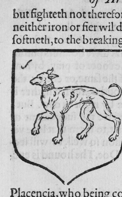 A shield Argent, a greyhound passant, marked A, S.
