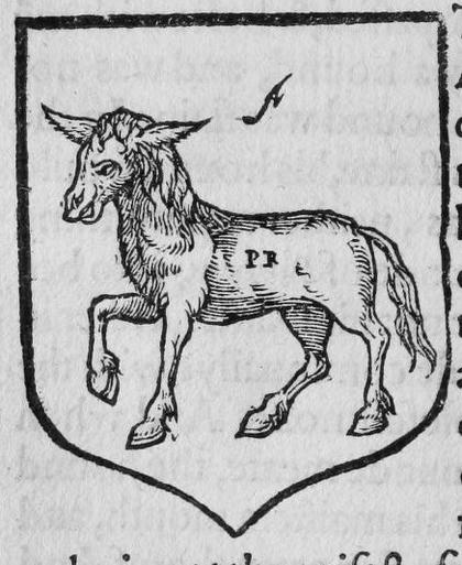 A shield Argent, an ass passant, marked A.