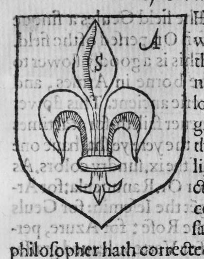 A shield Argent, a fleur-de-lis, marked A, O, S.