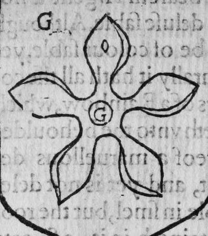 A shield Gules, a cinquefoil, marked G, O.
