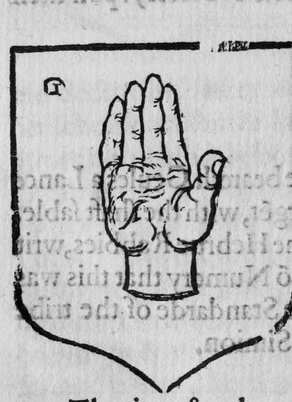 A shield Gules, a right hand, marked G.