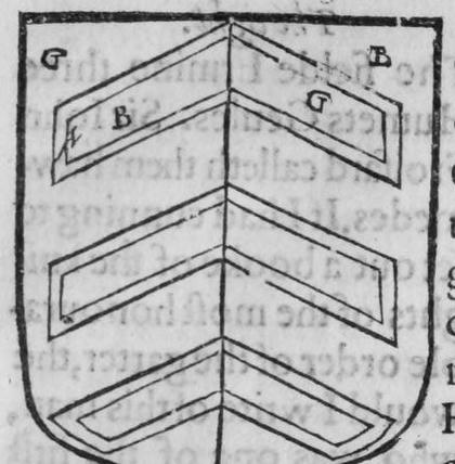 A shield party per pale, three chevrons counterchanged, marked G, B, B, G.