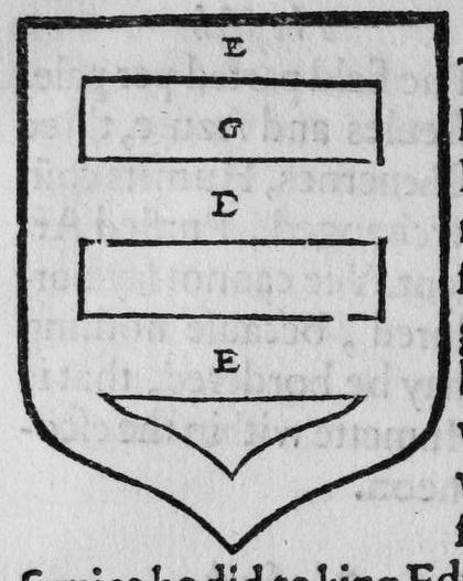 A shield Ermine, three humets, marked E, G.