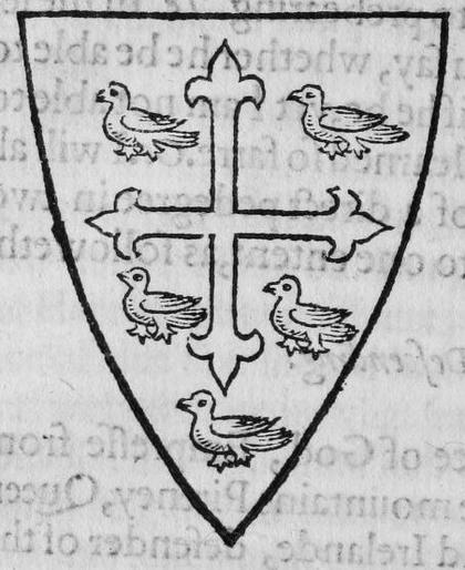 A shield Azure, a cross portate between five martlets.