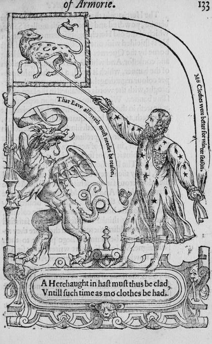 A herald in haste, in his apt apparel, with his banners and a dragon.