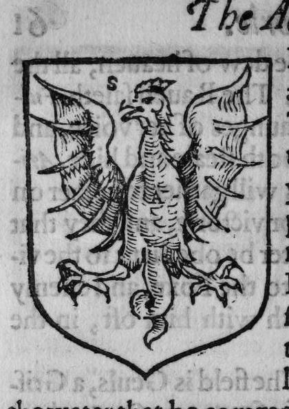 A shield Sable, a cockatrice displayed, marked S.