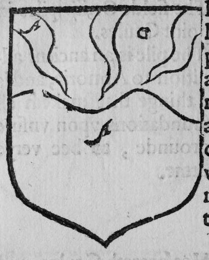 A shield party per fesse wavy, three piles, marked G.