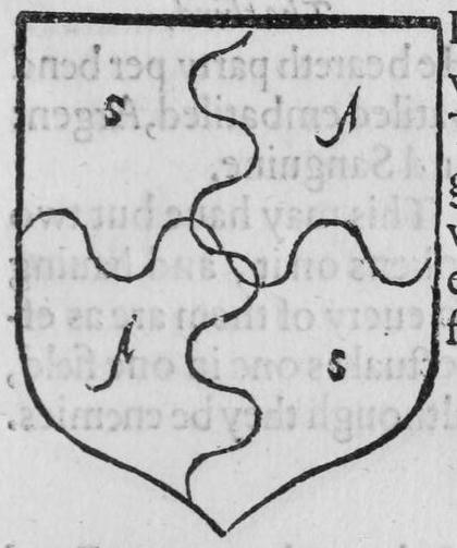 A shield party per cross wavy, marked S, A.