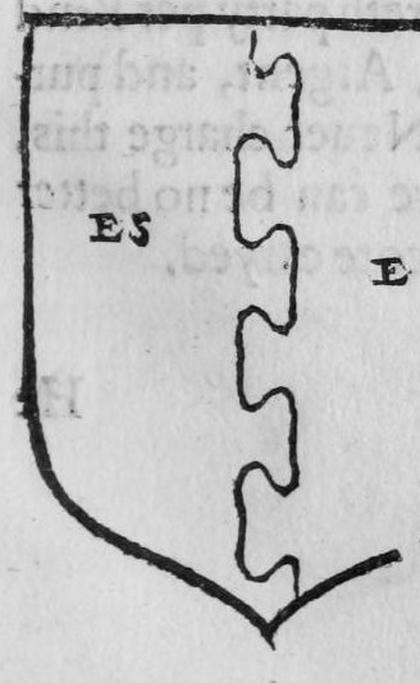 A shield party per pale nebuly, marked ES, E.