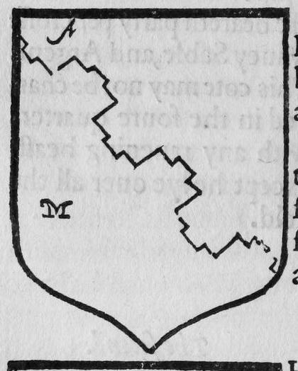 A shield party per bend batiled embatiled, marked A, M.