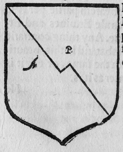 A shield party per bend beville, marked P, A.