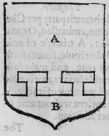 A shield party per bast barre miere, marked A, B.