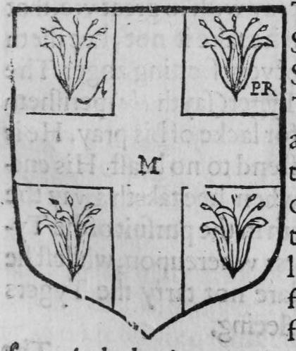A shield Argent, a cross Sanguine between four saffron flowers, marked A, PR, M.