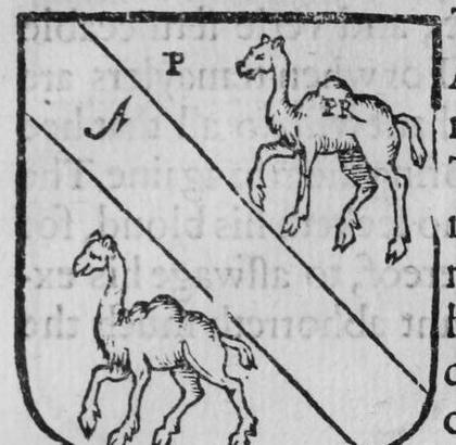 A shield Purpure, a bend between two camels, marked P, A.