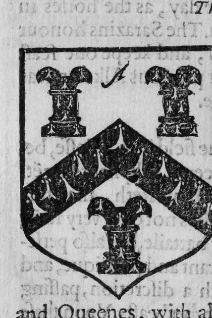 A shield Argent, a chevron between three chess-rooks, marked A.