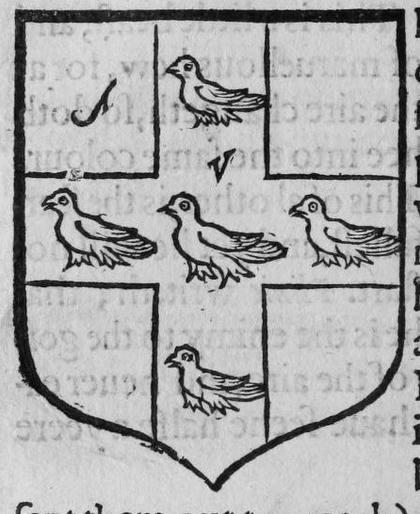 A shield Argent, on a cross vert five doves, marked A, V.