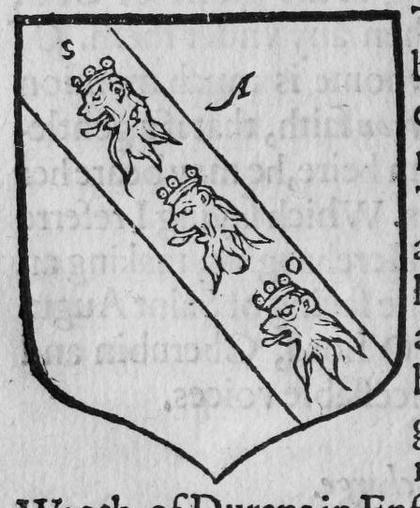 A shield Argent, on a bend Sable three lions' heads erased crowned, marked S, A.